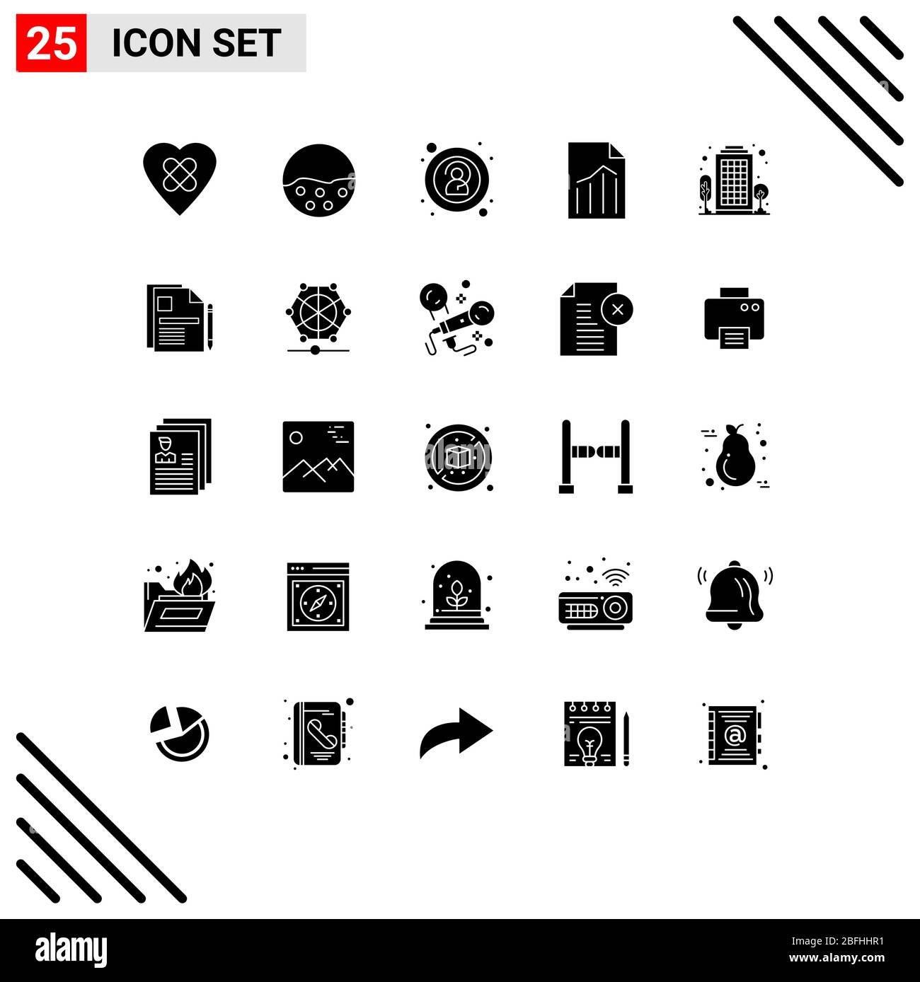 25 Universal Solid Glyph firma simboli di città, foglio, anonimato, report, file elementi di progettazione vettoriale modificabili Illustrazione Vettoriale