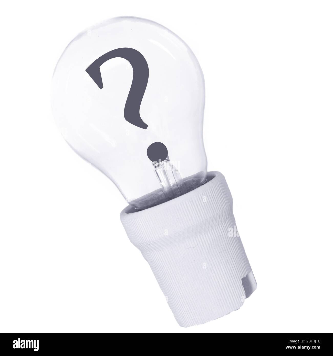 Punto interrogativo nella lampadina isolato su bianco Foto Stock