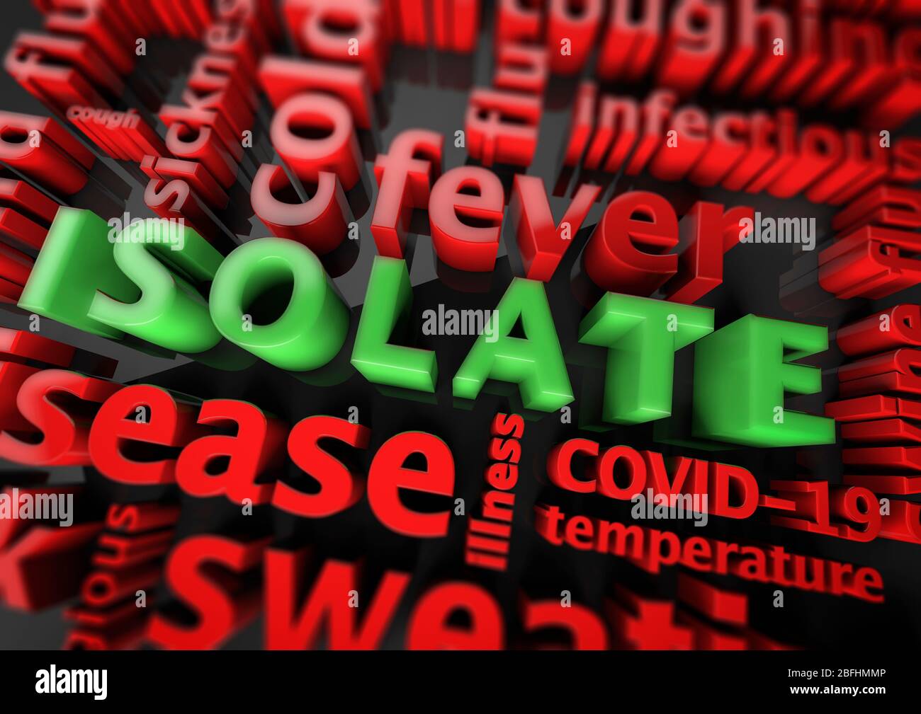 Parola ISOLATO circondato da altre parole sintomo COVID-19 malattia di Coronavirus febbre malattia di temperatura infettiva tosse malattia. Immagine concettuale Foto Stock