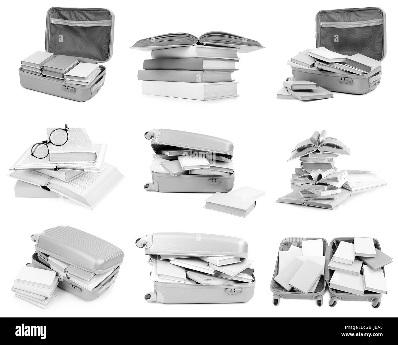 Composizioni diverse con libri isolati su bianco in collage Foto Stock