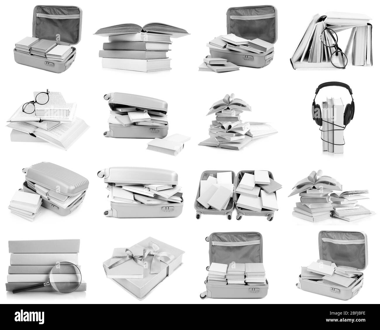 Composizioni diverse con libri isolati su bianco in collage Foto Stock