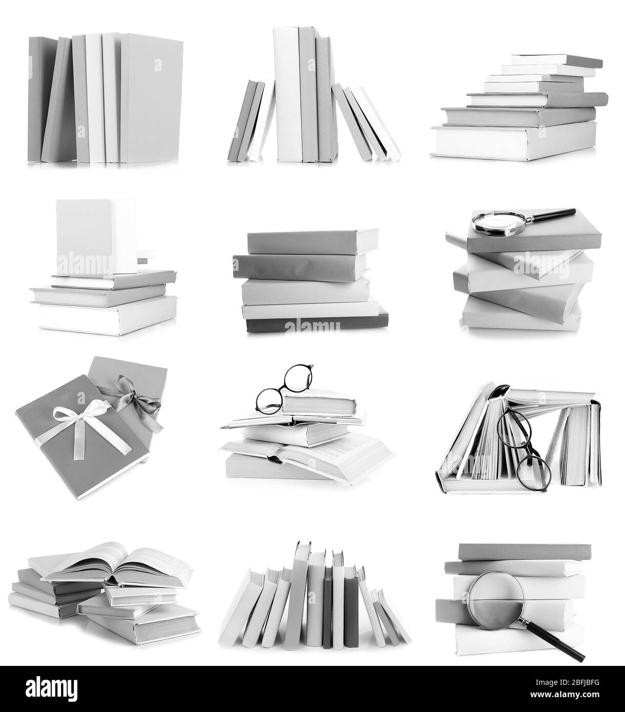 Composizioni diverse con libri isolati su bianco in collage Foto Stock