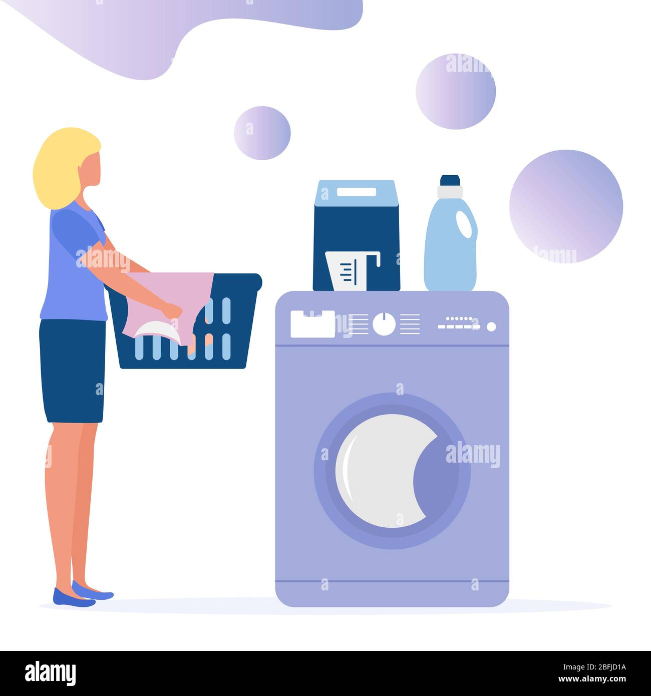 Vector illustrazione Donna porta lavare i vestiti sporchi lavatrice, cesto  di biancheria, detersivi per bucato. Lavaggio dei vestiti. I chores  domestici della famiglia Immagine e Vettoriale - Alamy