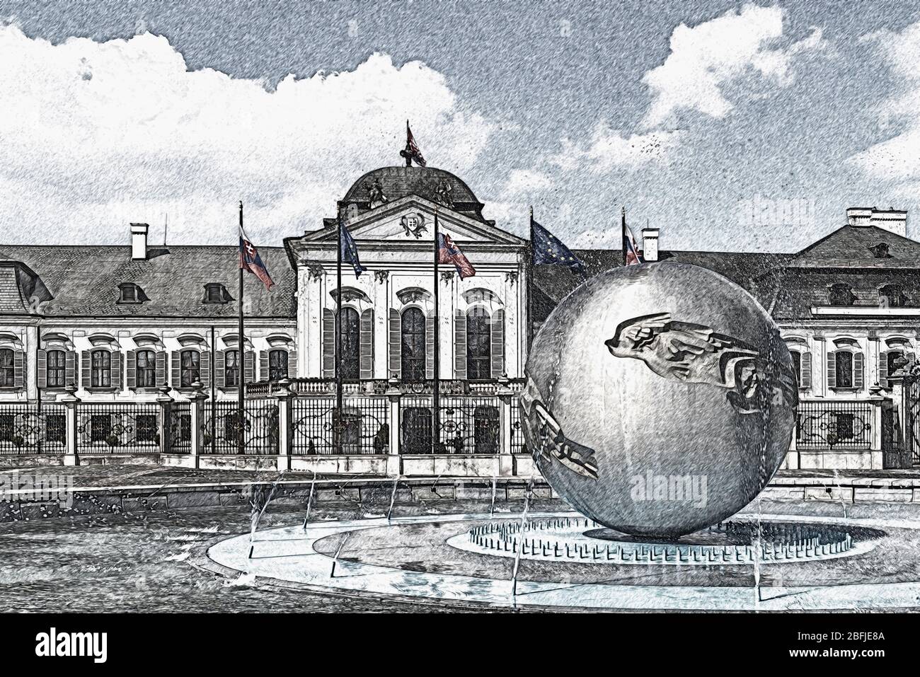 Il Palais Grassalkovich è un imponente palazzo tardo barocco rococò. Di fronte c'è la Fontana Terra – pianeta della Pace, Bratislava, Slovacchia, Europa Foto Stock