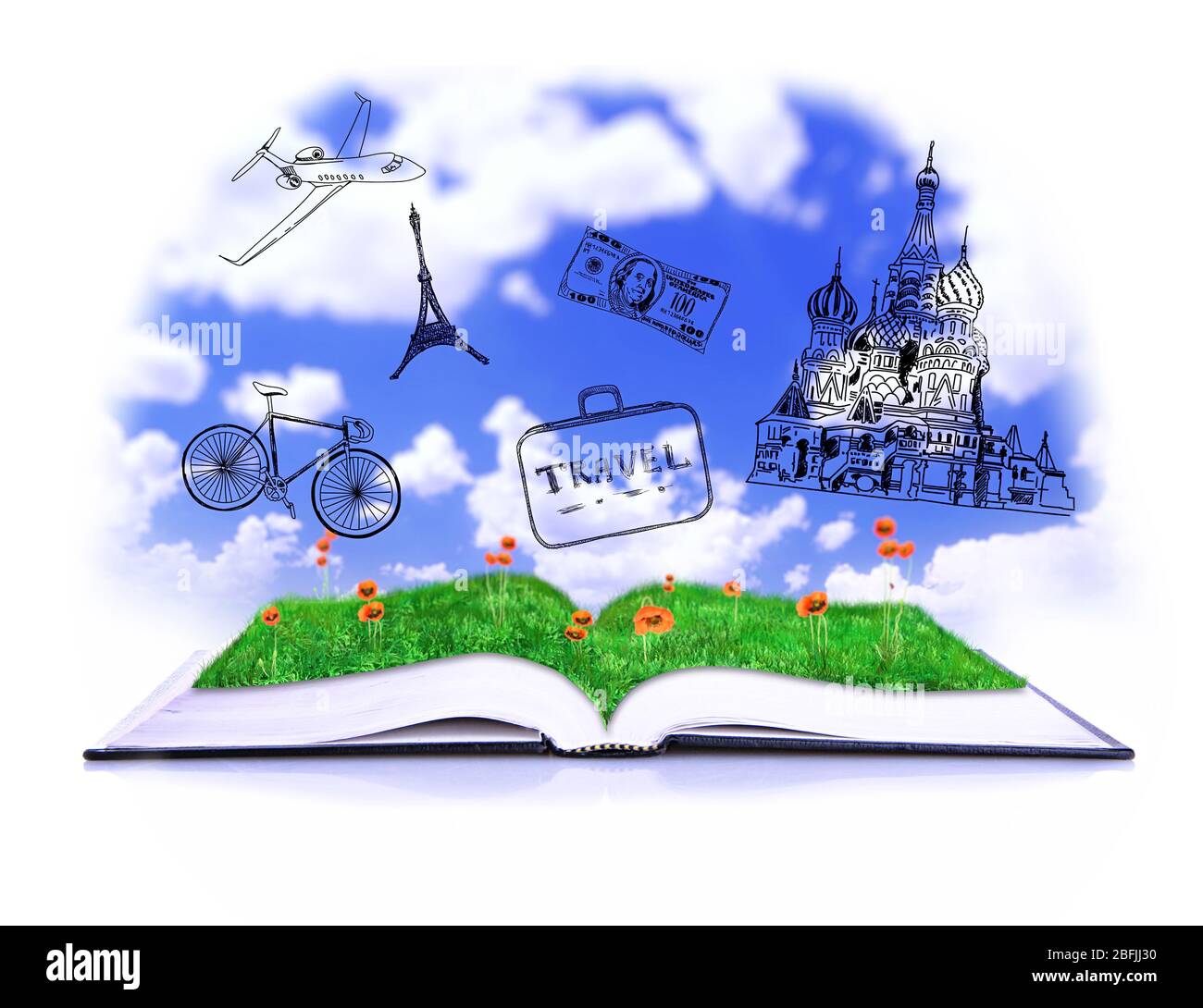 Libro aperto con disegni isolati su bianco Foto Stock