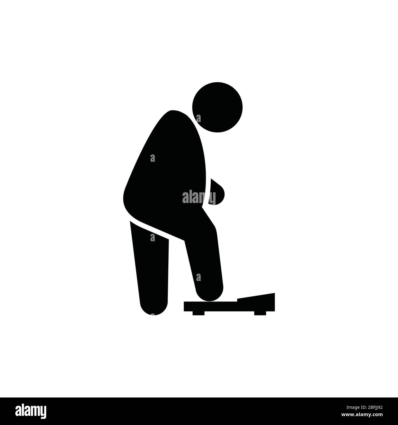 L'uomo grasso prende la posizione sulle bilance della stanza da bagno, peso, perdita del peso e l'icona di concetto di dieta Illustrazione Vettoriale