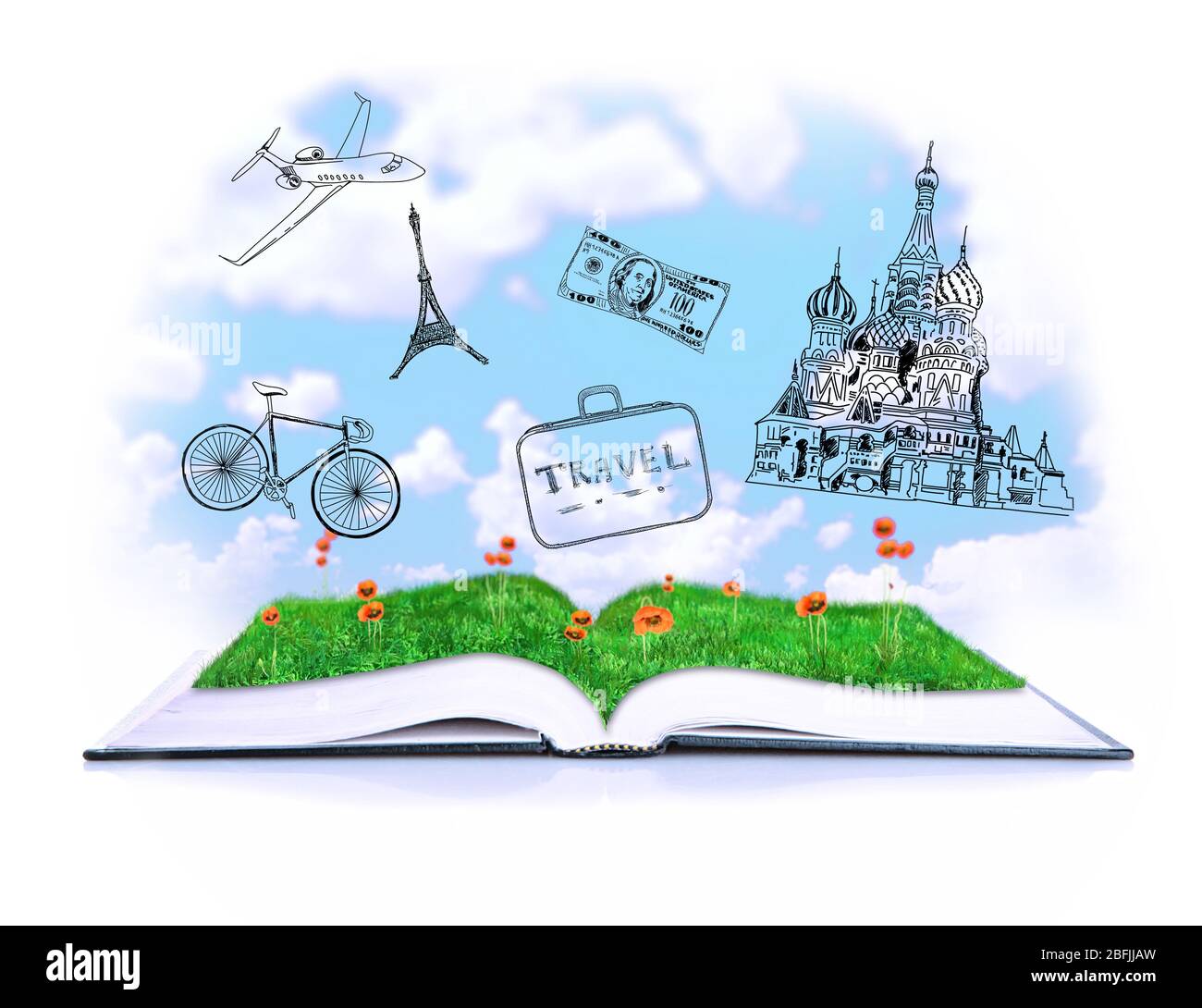 Libro aperto con disegni isolati su bianco Foto Stock