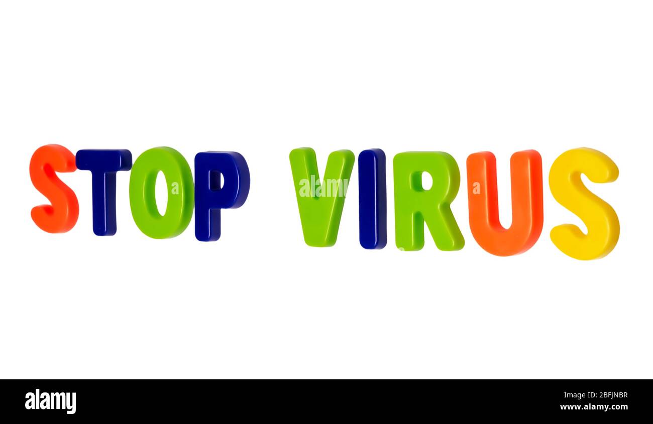 Coronavirus pandemico, virus DI stop di testo su sfondo bianco. Fermare il virus pandemico globale. COVID-19 è il nuovo nome ufficiale per SARS-cov-2 coronavi Foto Stock