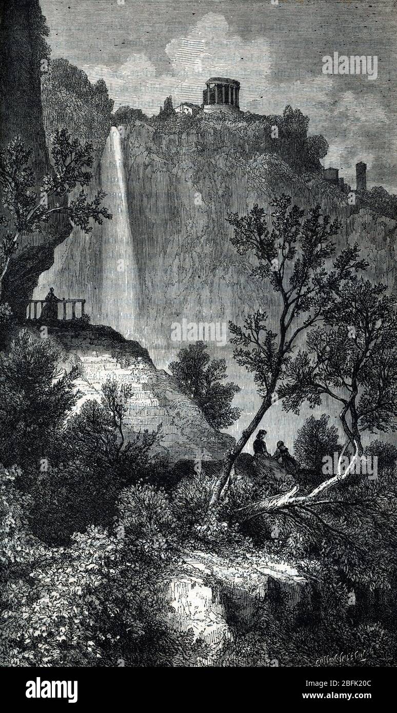 Vue du Temple de la Sibylle a Tivoli, italie (Vista del tempio della Sibilla a Tivoli, Italia) gravure tiree de 'Les merveilles du monde' de Huard 19em Foto Stock