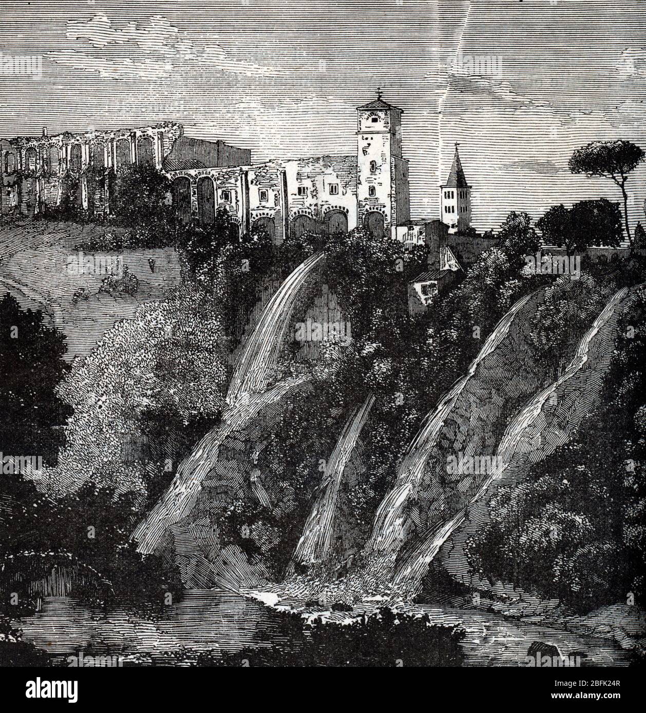 Vue de la villa de Mecene et des cascatelle (piccole cascate) a Tivoli, italie (vista della casa Mecenate e cascatelle a Tivoli, Italia) grature ti Foto Stock