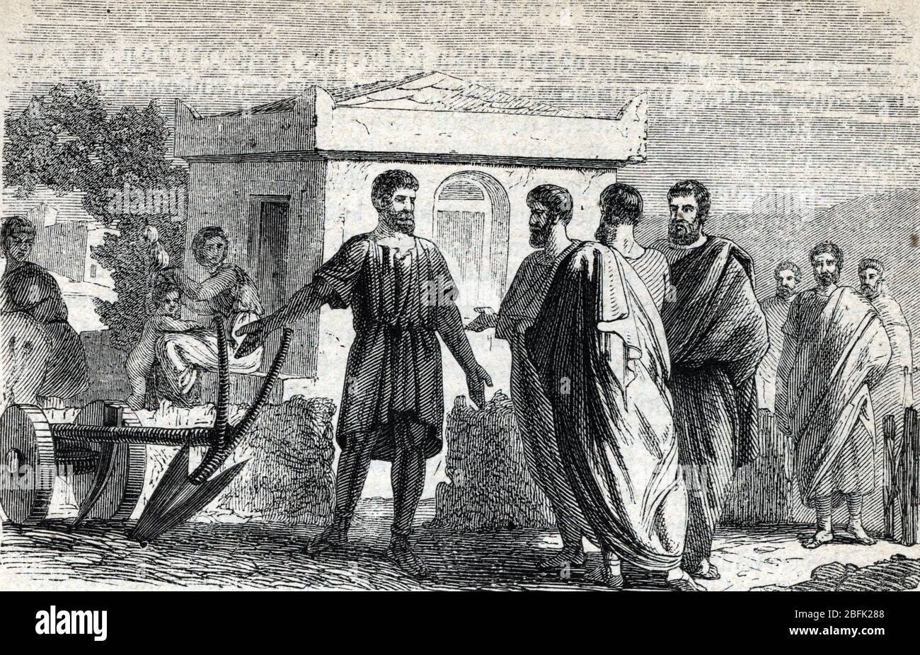 romaine : Lucius Quinctius Cincinnatus (v.520 / vers 430 AV JC), console romain, s'occupant a des taches agricoles lorsque les senateurs (Sen Foto Stock