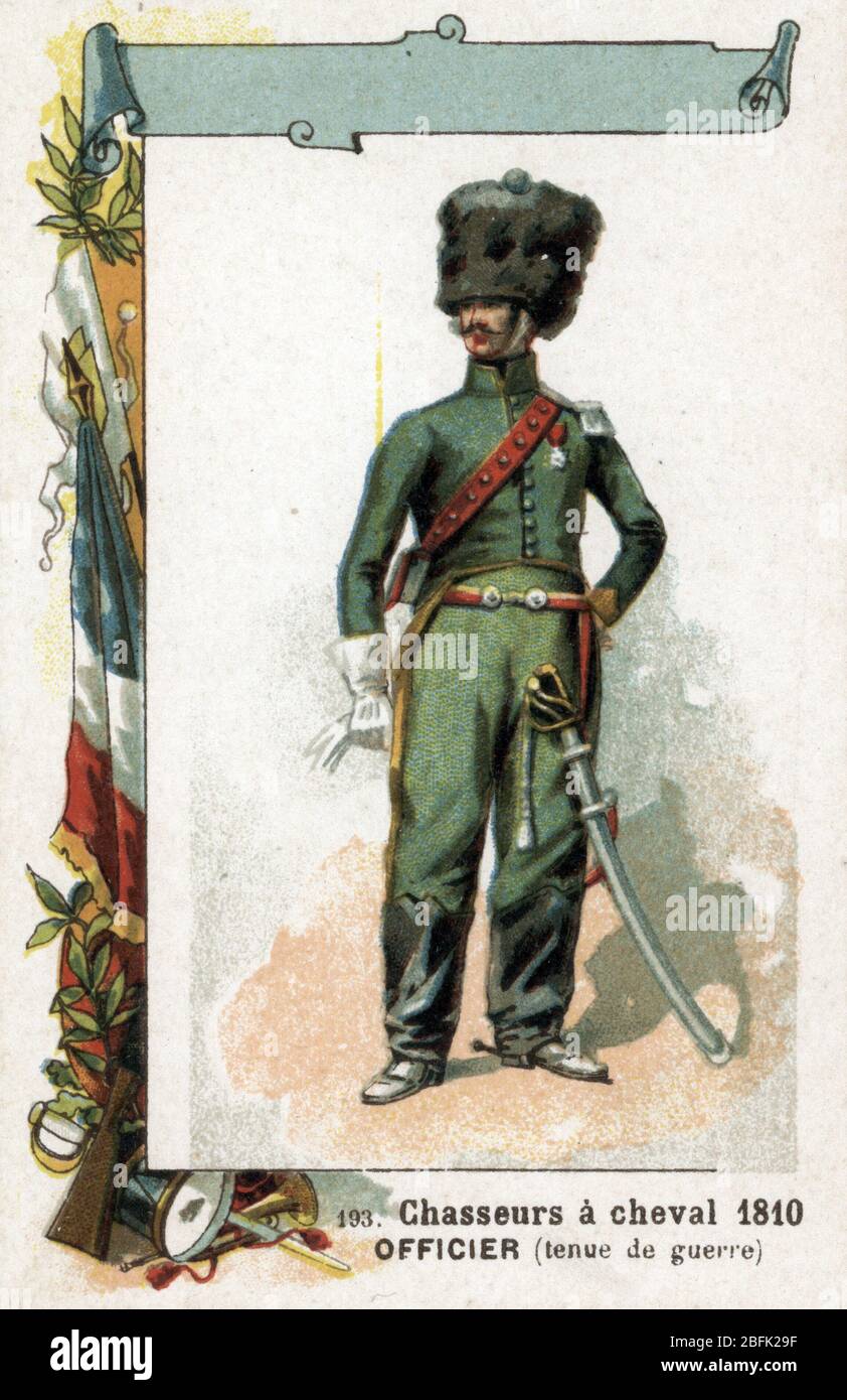 Armee francaise : officier chasseur a cheval 1810 (impero Premier) (esercito francese: Chasseurs a Cheval de la Garde Imperiale 1810) Chromolithographie de Foto Stock