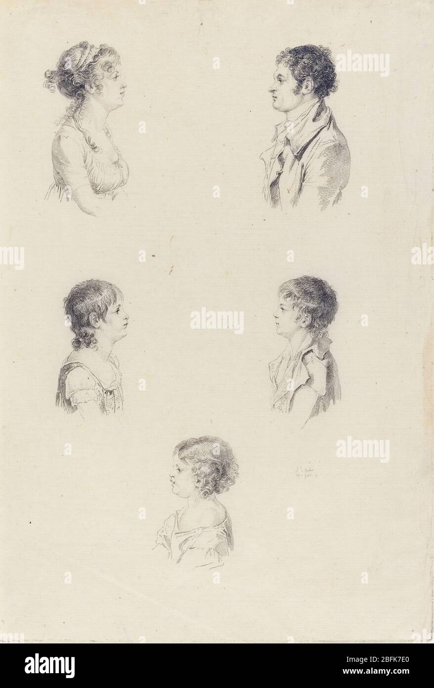 Cinque busti, di Augustin de Saint-Aubin, incisione, Foto Stock