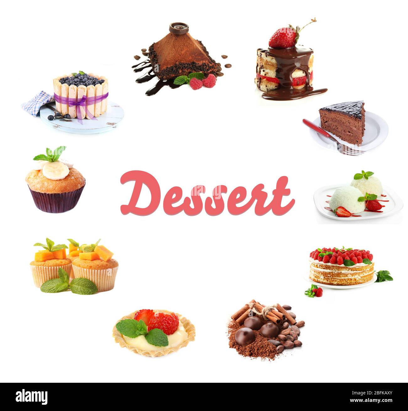Collage di dessert isolati su bianco Foto Stock