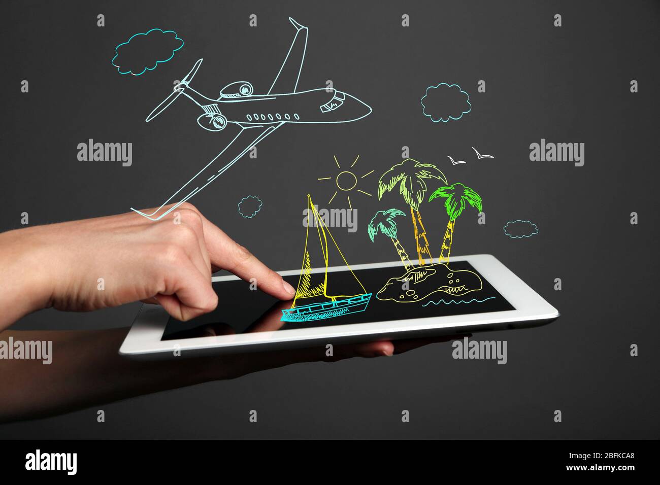Concetto di pianificazione delle vacanze - Tablet pc con illustrazioni vettoriali Foto Stock
