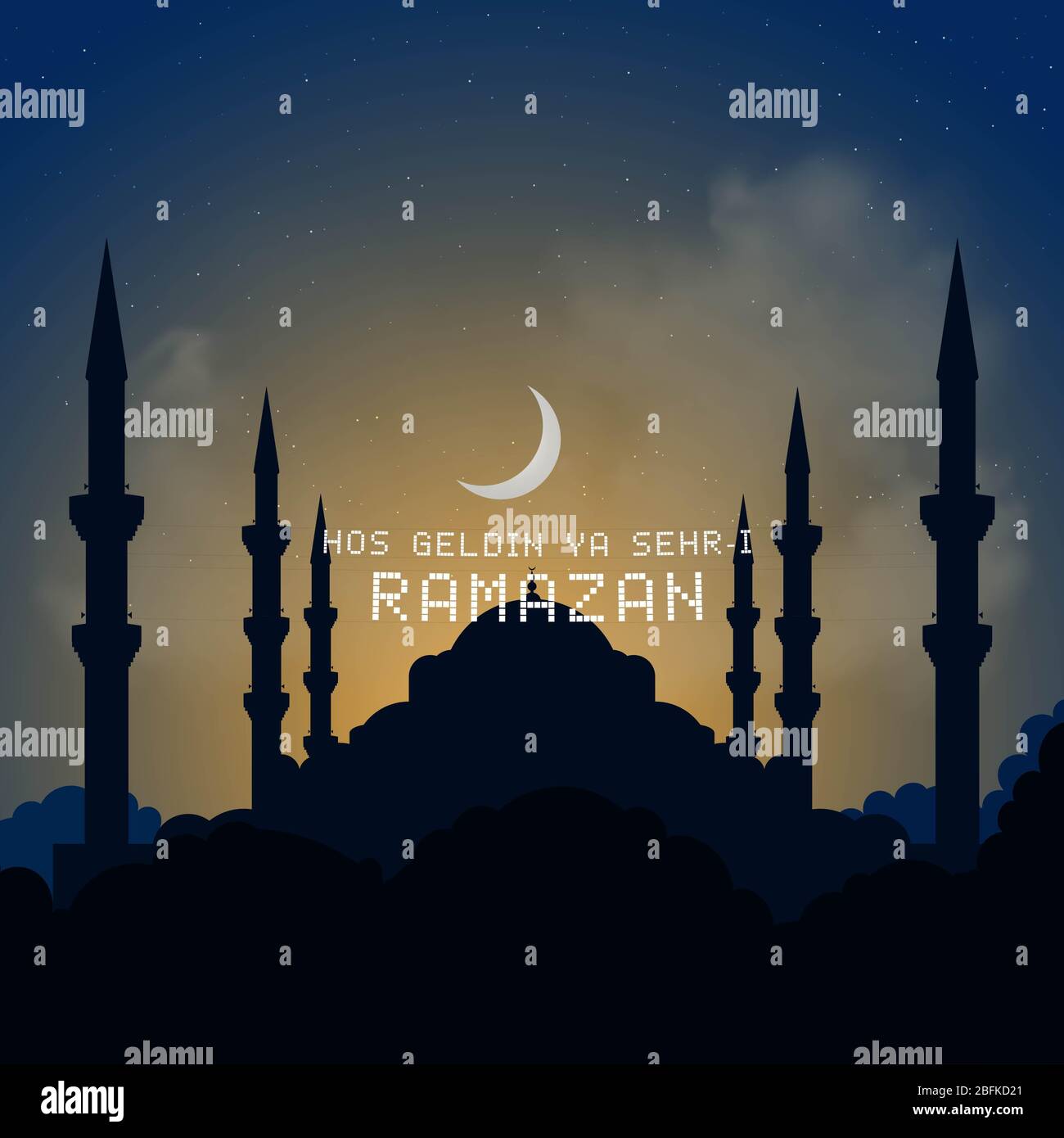 Benvenuto Ramadan mese (turco Hosgeldin Ya Sehri Ramazan), studio vettoriale sulla silhouette di istanbul della Moschea Blu Foto Stock