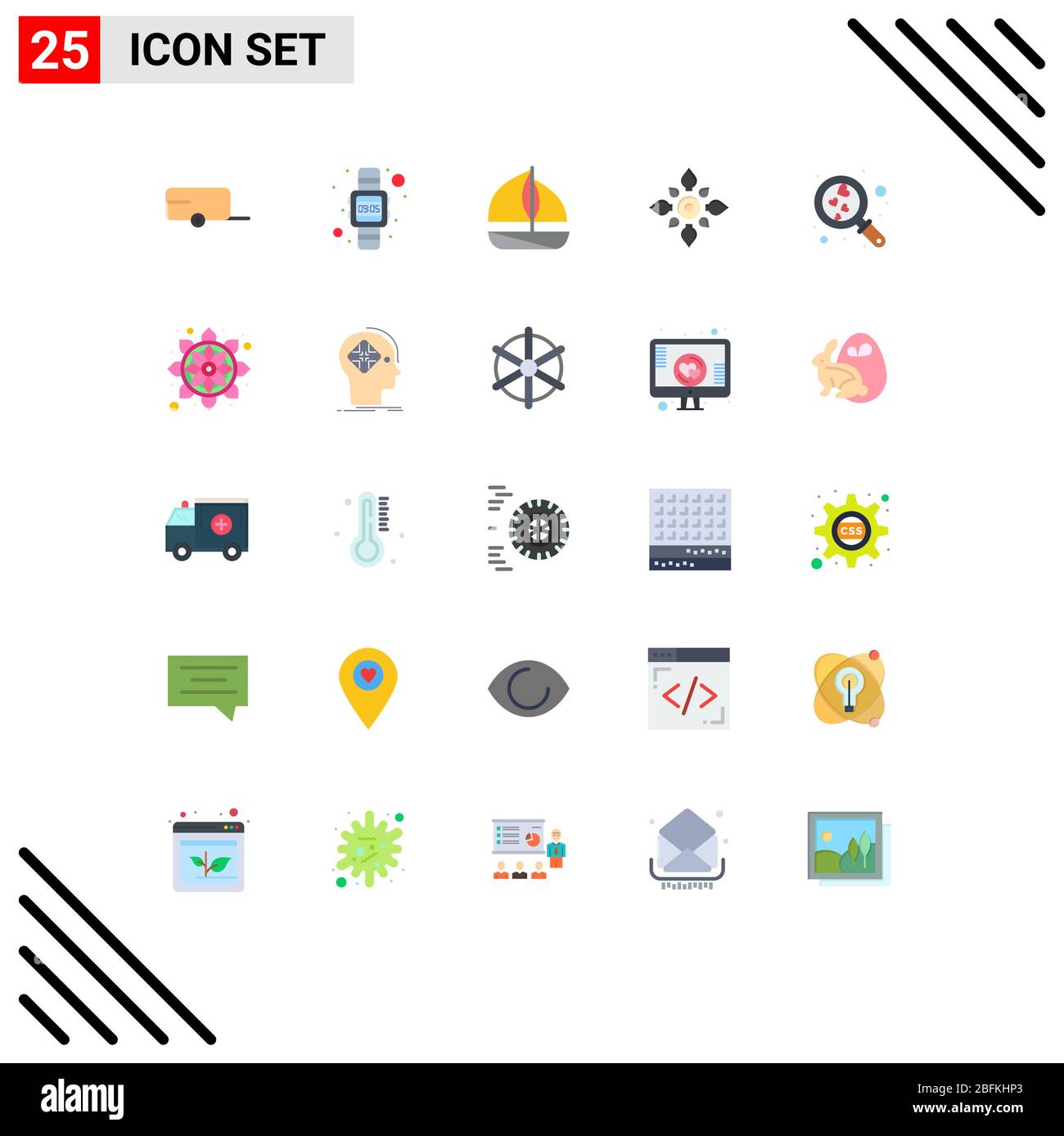 Set di 25 icone moderne UI simboli segni per amore, holi, barca, hindu, decorazione elementi di design vettoriale editabili Illustrazione Vettoriale