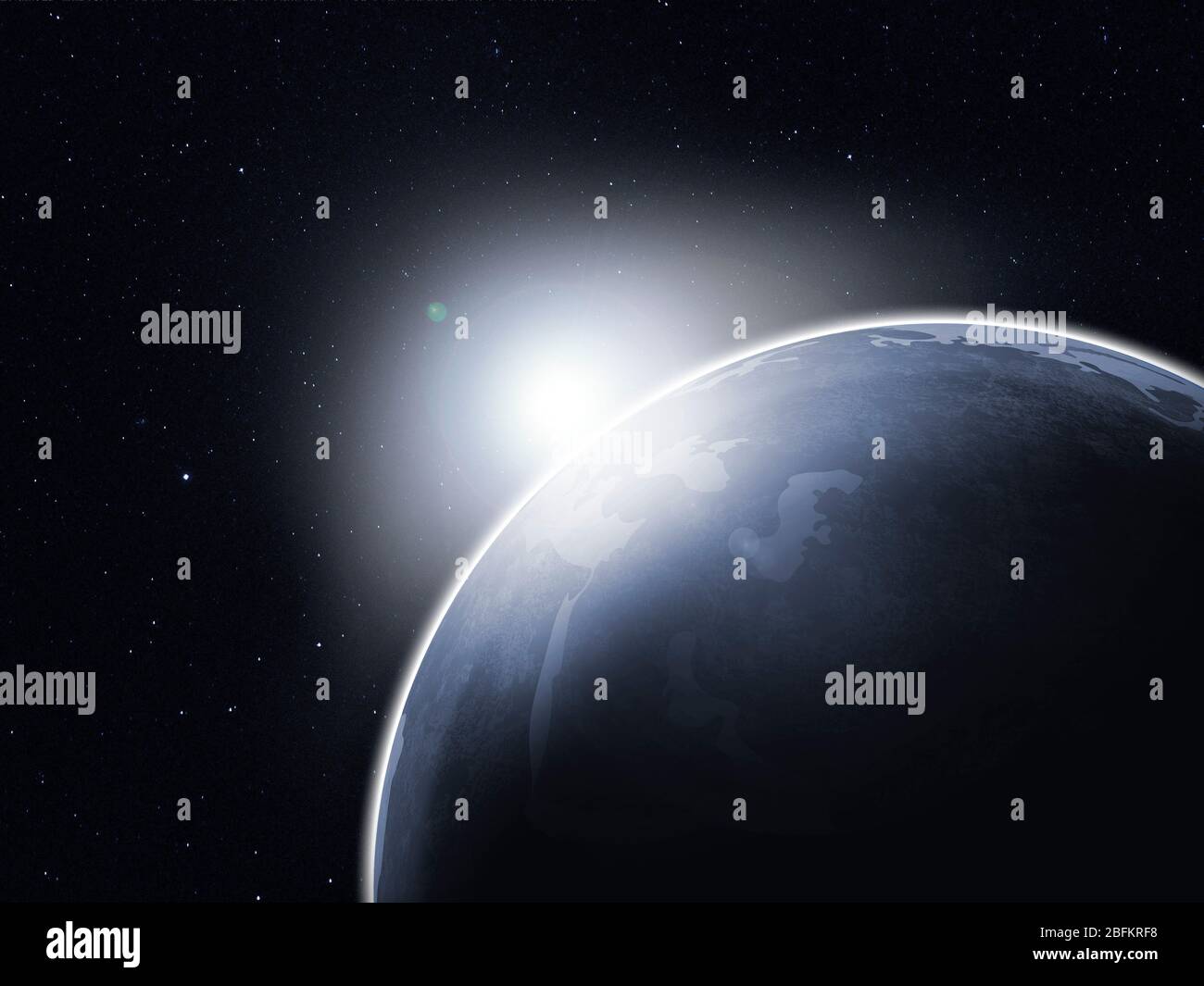 Pianeta terra con sole che sale dallo spazio, immagine vettoriale Foto Stock