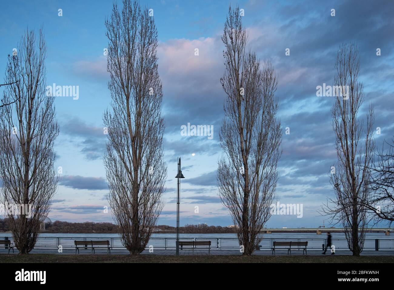 Passeggiata pedonale vicino al fiume Saint Laurent mentre Montreal è in fase di confinamento durante la pandemia COVID-19, porto vecchio, Montreal Vecchia Foto Stock