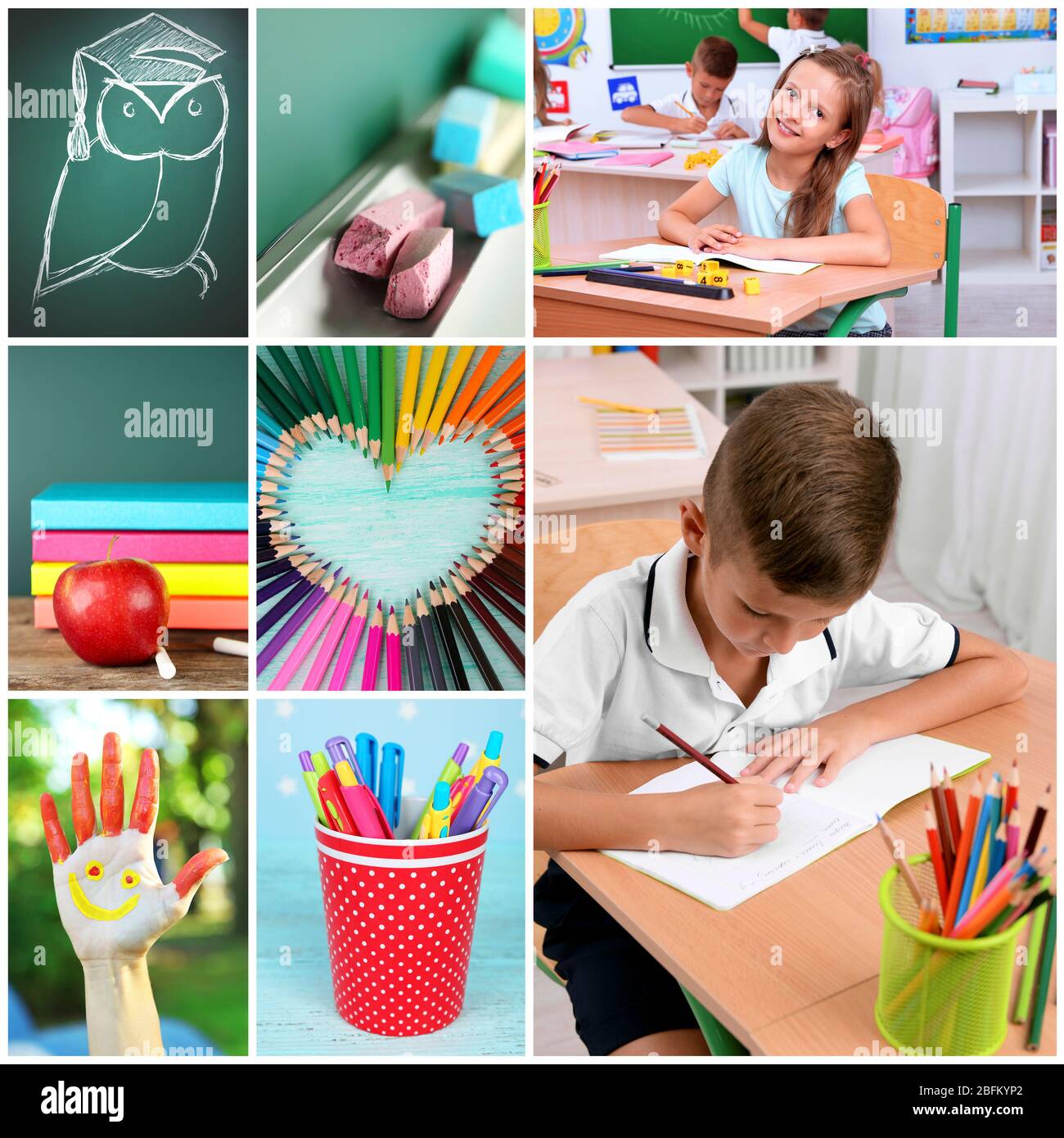 Collage di bambini scolastici in processi di studio e strumenti di istruzione Foto Stock