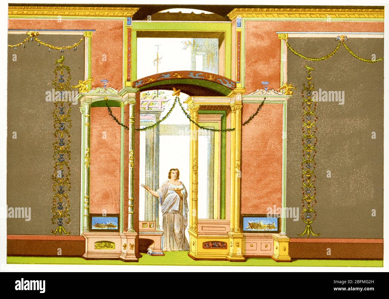 Questa illustrazione della fine del 1800 mostra una vista ricostruita della decorazione muraria romana che fu trovata a Pompei, una città a sud di Roma sul Golfo di Napoli che fu distrutta nell'eruzione del Monte nel 79 d.C. Vesuvio. Foto Stock