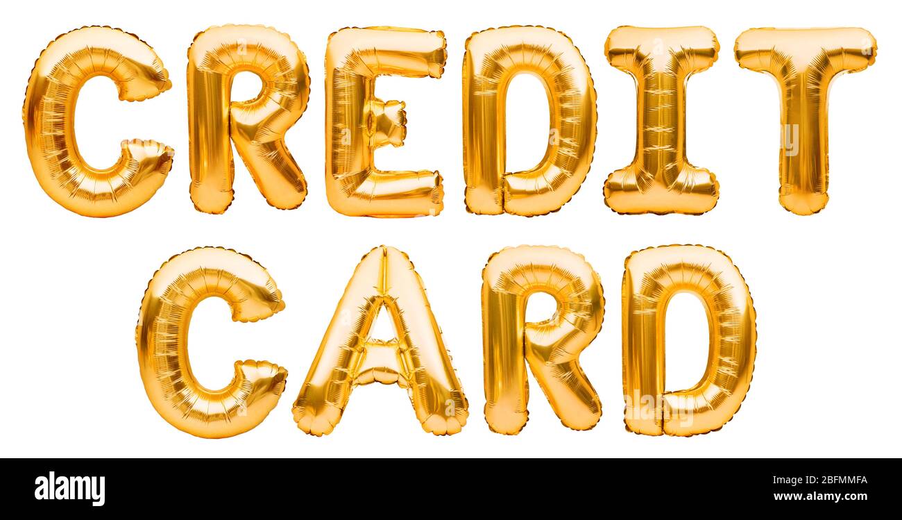 Parole CARTA DI CREDITO fatta di palloncini gonfiabili dorati isolati su sfondo bianco. Palloncini di elio foglio d'oro che forma le parole carta di credito. Affari Foto Stock