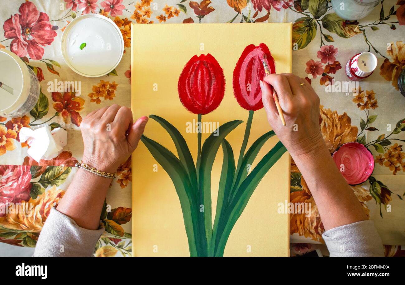 Vista Dall Alto Della Vecchia Donna Che Dipinge A Casa In Una Tavola Piena Di Materiali Da Dipingere Arte E Tempo Libero Negli Anziani Dipingere Una Foto A Casa Foto Stock Alamy