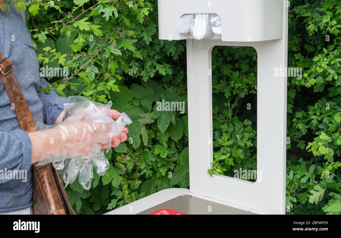 L'uomo con due mani porta i guanti di cellofano sulla stazione di servizio. Foto Stock