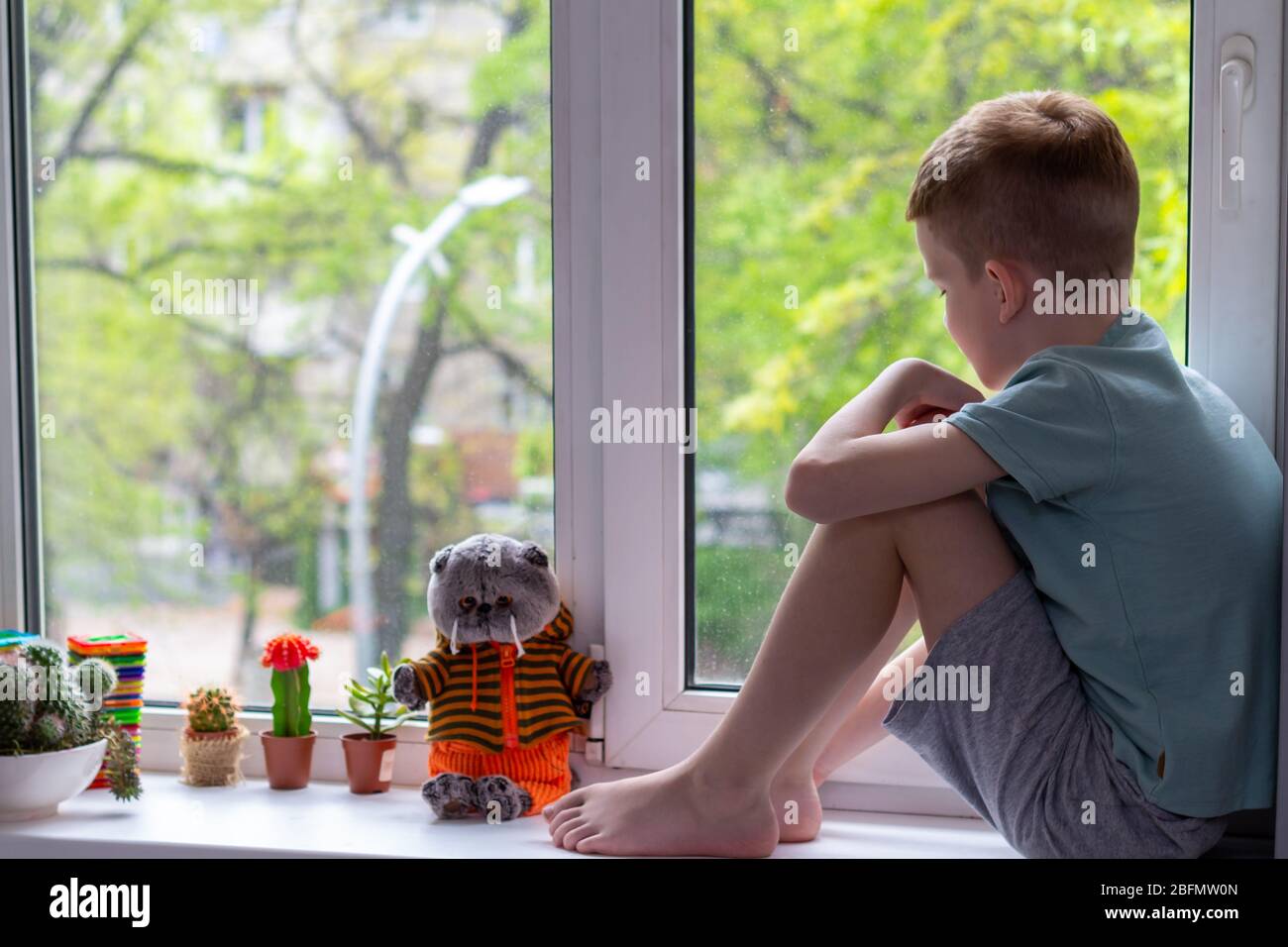Ragazzo seduto sul davanzale e guardando il gatto giocattolo adorabile. Concetto di soggiorno a casa durante la pandemia di covid-19 Foto Stock