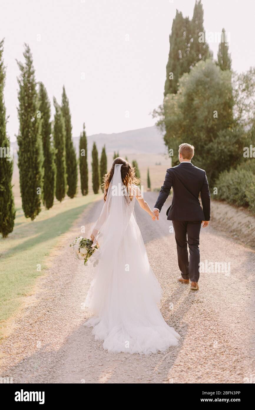 Matrimonio coppia passeggiata in Toscana con cipressi sfondo. Festa di nozze in Italia. Coppia relax in Toscana. Italia viaggi. Foto Stock