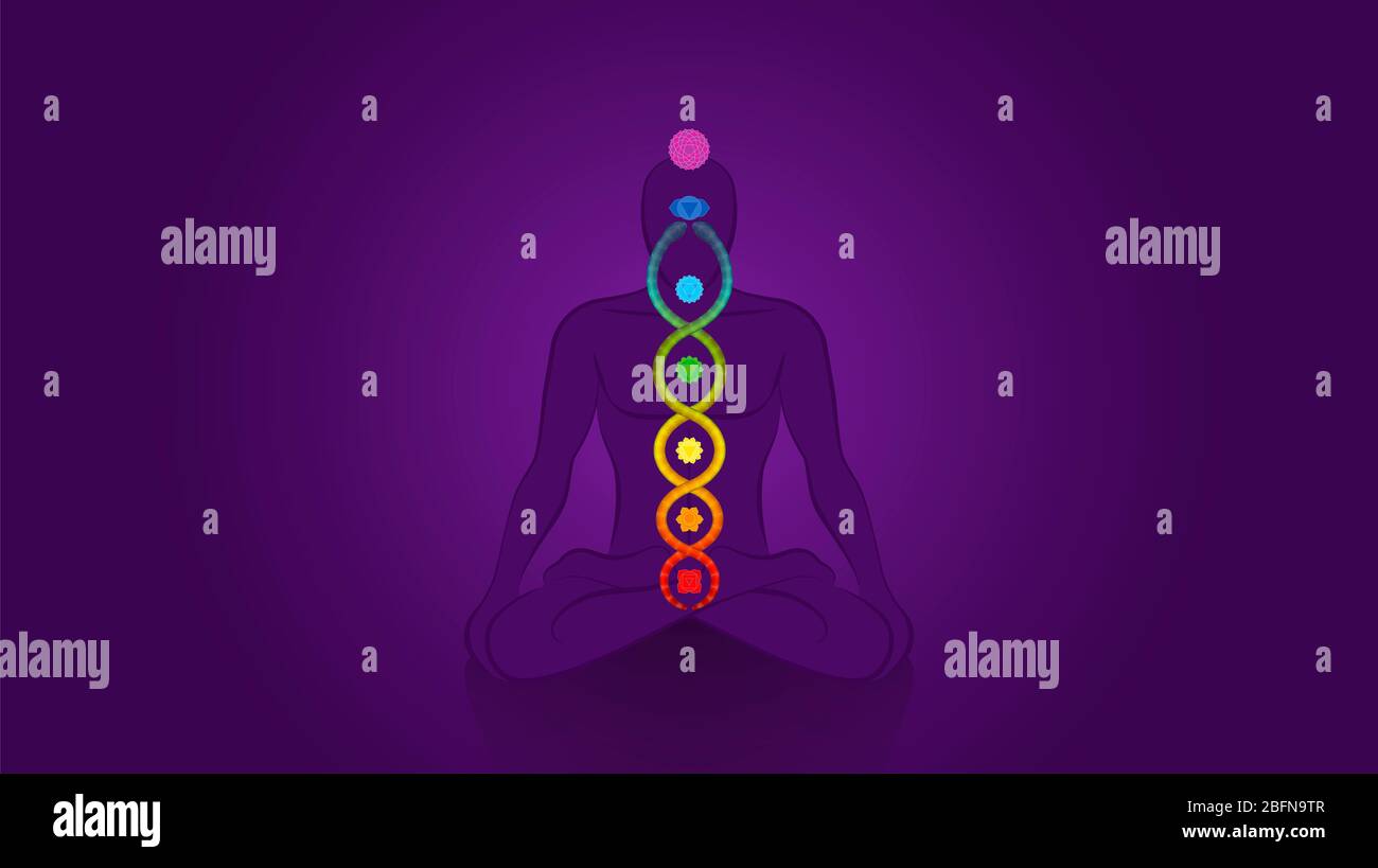 Kundalini - serpente a spirale. Meditare l'uomo yoga con chakra su sfondo  viola, simbolo di risveglio spirituale, potere healing ed equilibrio Foto  stock - Alamy