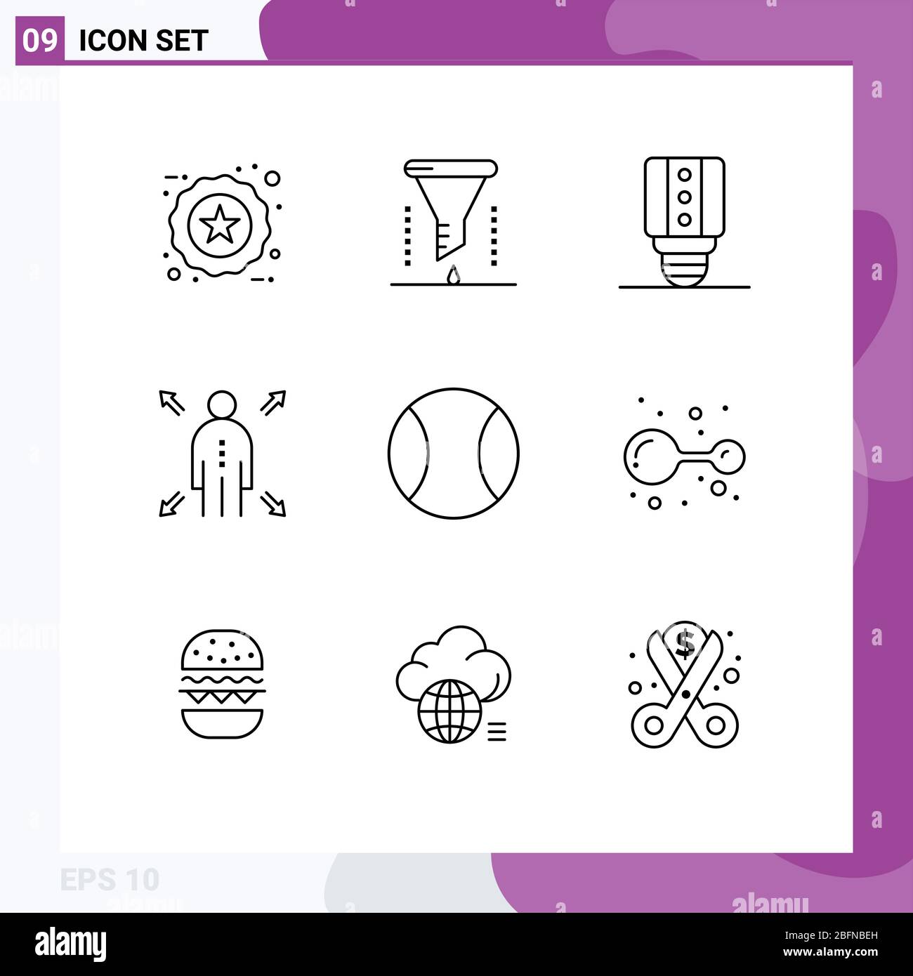 Confezione con 9 simboli universali di tennis, palla, imbuto, opportunità, business elementi di design vettoriale Illustrazione Vettoriale