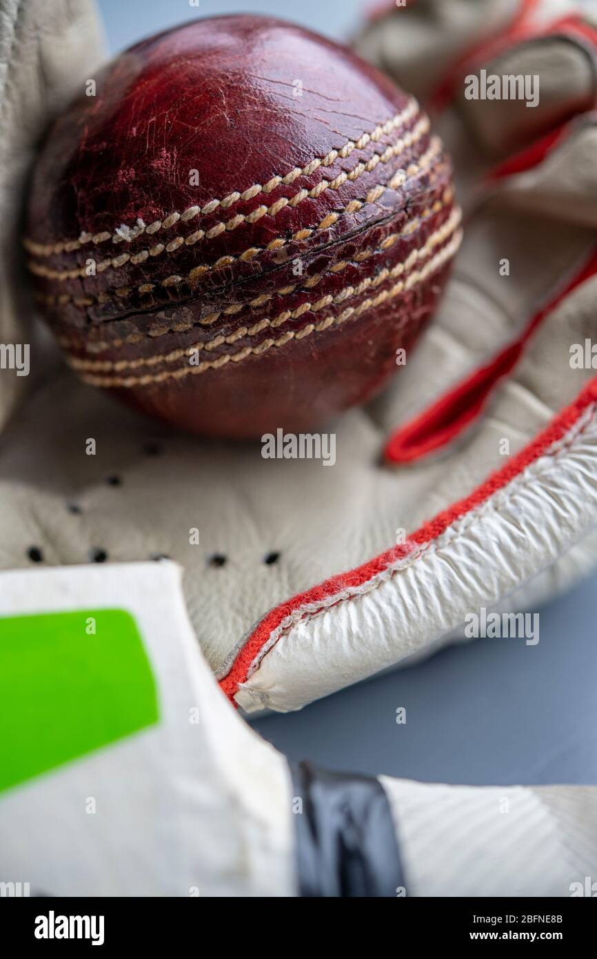 Attrezzatura di base per il cricket, che include una palla, un pipistrello e guanti Foto Stock