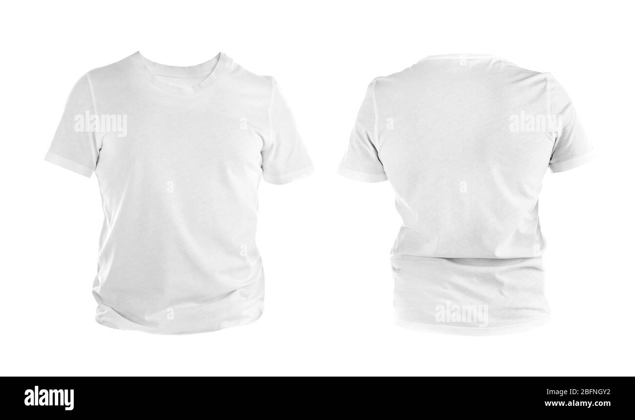 Vista frontale e posteriore della t-shirt su sfondo bianco Foto Stock
