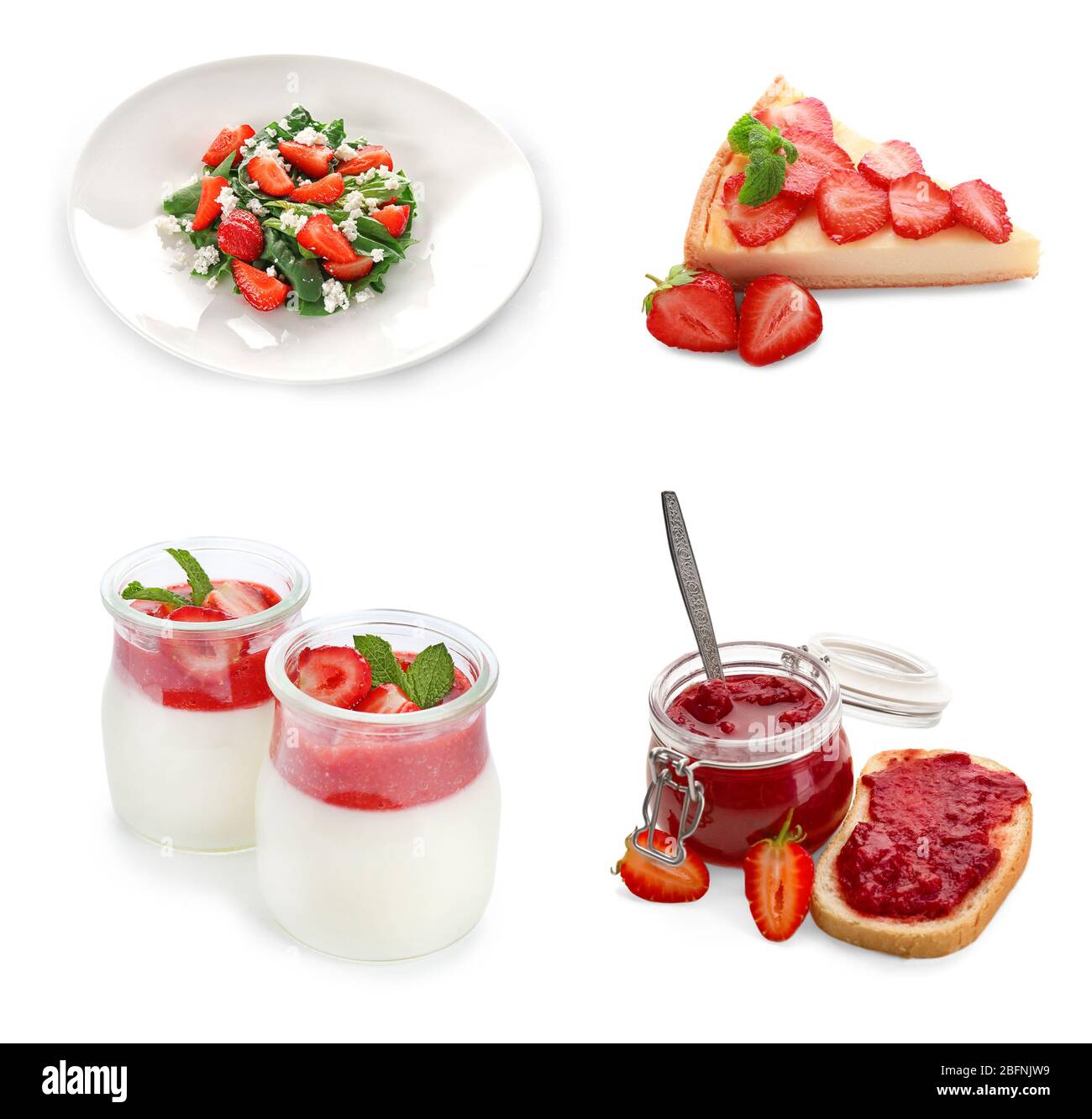 Collage di diversi piatti con fragola su sfondo bianco Foto Stock