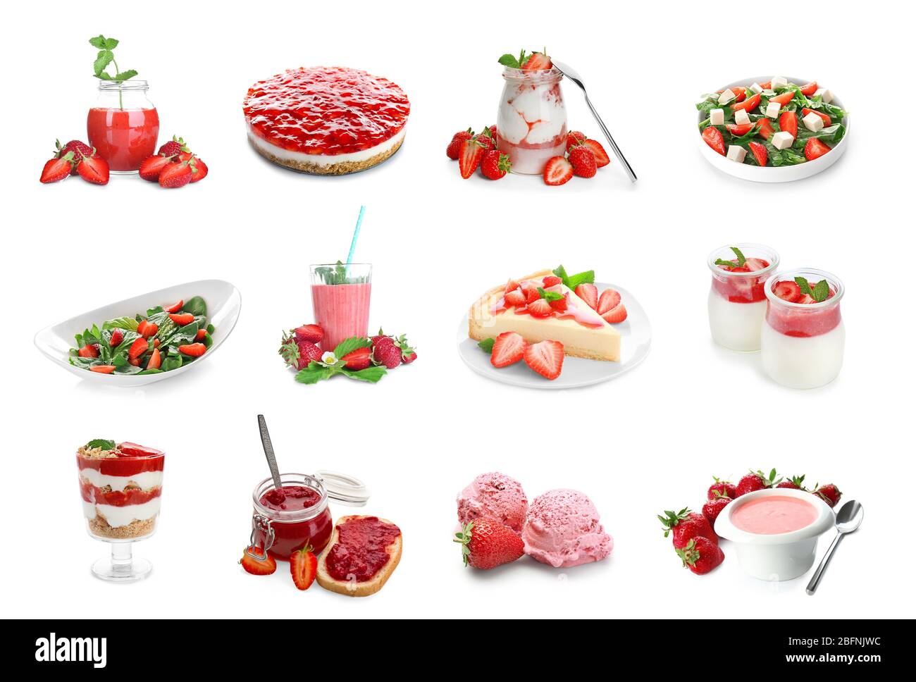 Collage di diversi piatti con fragola su sfondo bianco Foto Stock