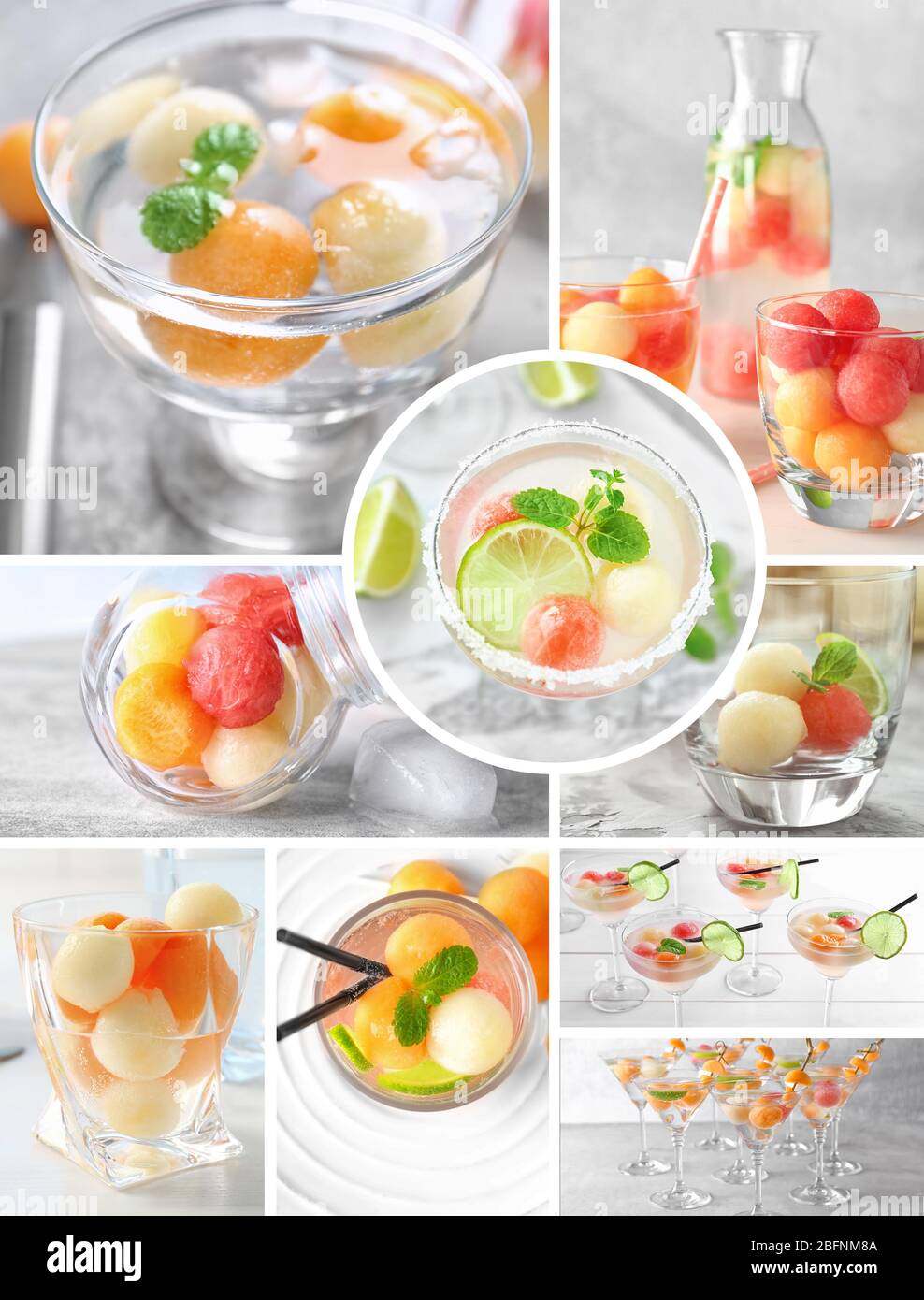 Collage di deliziosi cocktail con palle di melone in diversi bicchieri Foto Stock