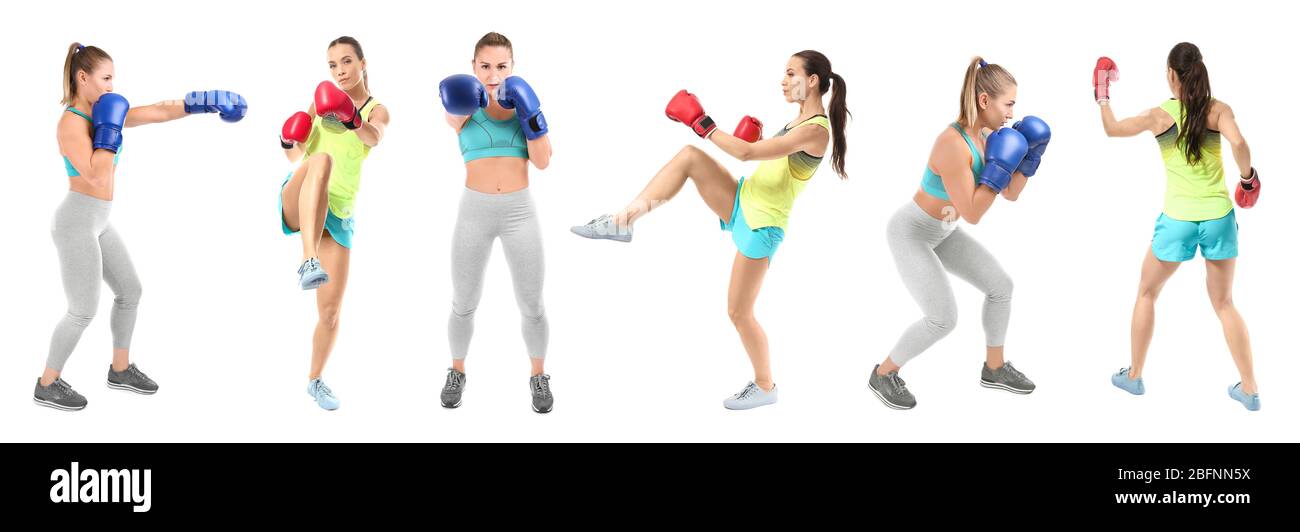 Set di giovani donne con guanti da boxe training su sfondo bianco Foto Stock