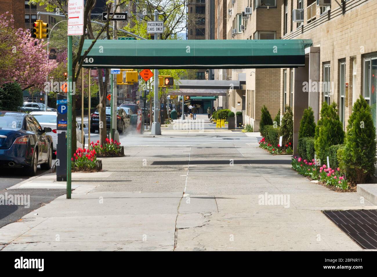 I marciapiedi di Park Avenue a Murray Hill sono quasi completamente vuoti di pestilame a causa della pandemia COVID-19, aprile 2020, New York City, USA Foto Stock