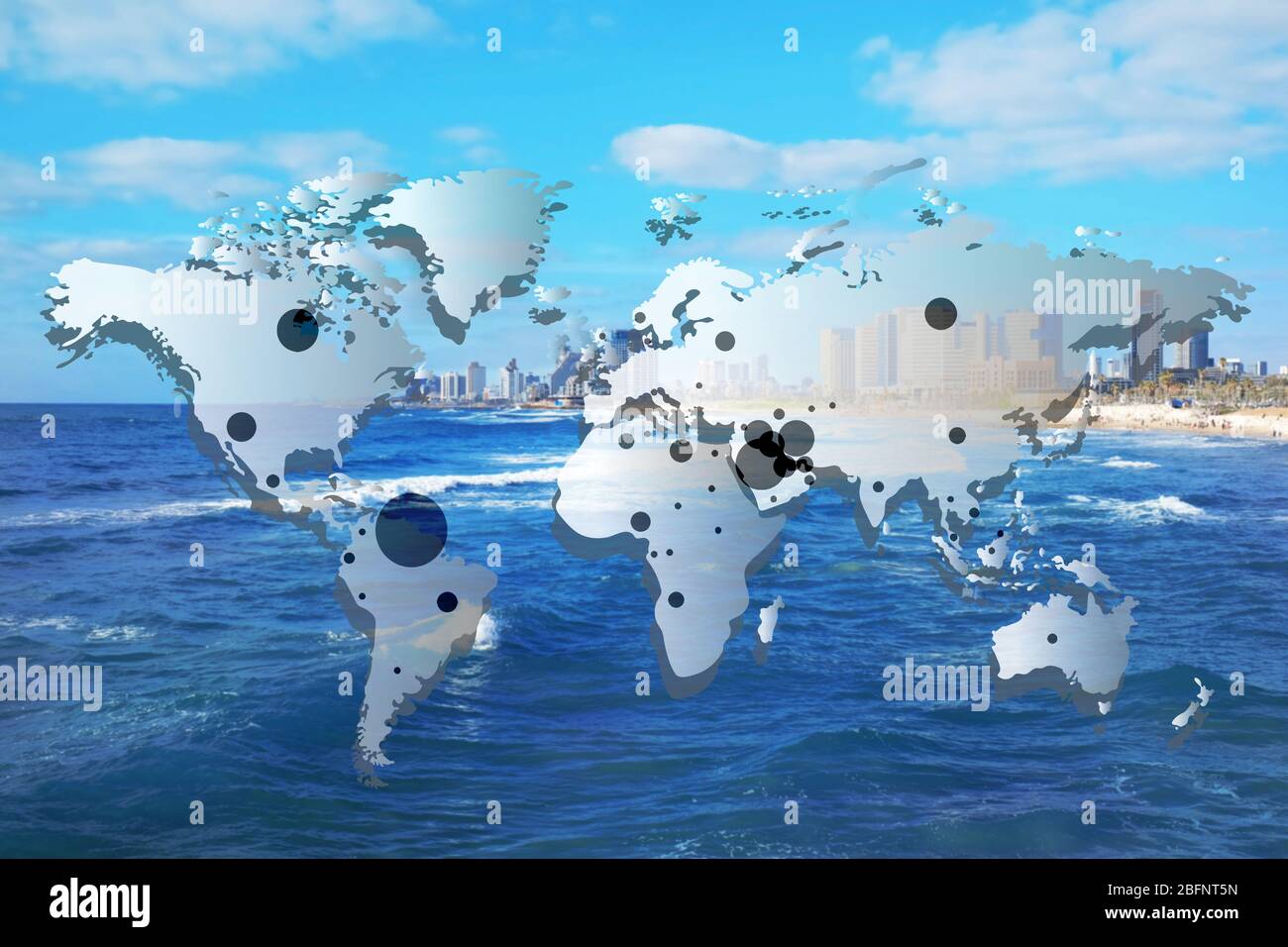 Mappa del mondo con aree di estrazione del petrolio sullo sfondo dello skyline della città Foto Stock