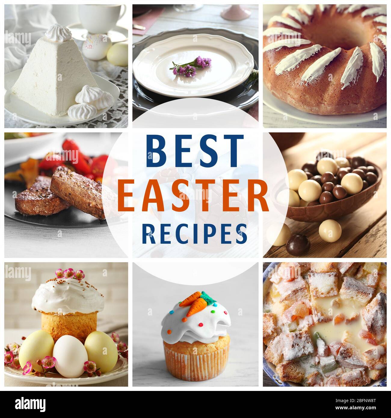 Testi MIGLIORI RICETTE DI PASQUA sullo sfondo. Collage di cibo delizioso per cena di festa Foto Stock