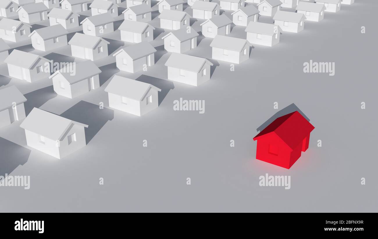 Un blocco di tipiche piccole case rurali bianche con un rosso esterno, autoisolamento a casa e quarantena astratta rappresentazione cgi, 3d rendering illu Foto Stock