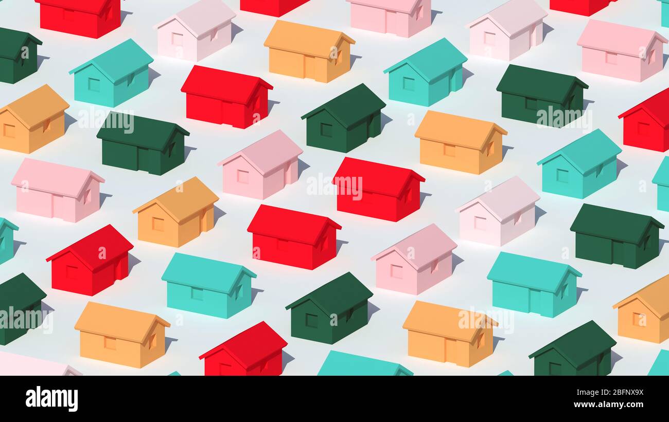 Una serie di piccole case rurali semplici e colorate su sfondo bianco, rappresentazione astratta del blocco cittadino cgi, rappresentazione 3d Foto Stock