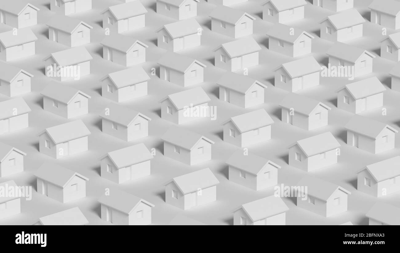 Una serie di piccole case rurali bianche, rappresentazione astratta del blocco di città cgi, illustrazione di rendering 3d Foto Stock