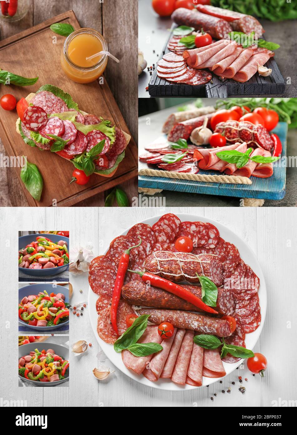 Set con diversi tipi di saporite salsicce Foto Stock