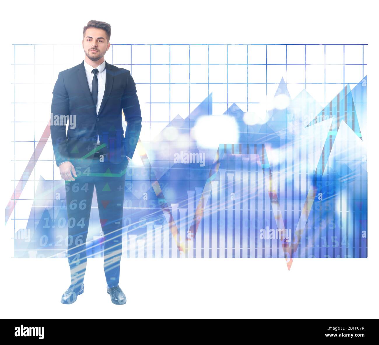 Doppia esposizione di broker di stock e grafici su sfondo bianco. Concetto di trading finanziario Foto Stock