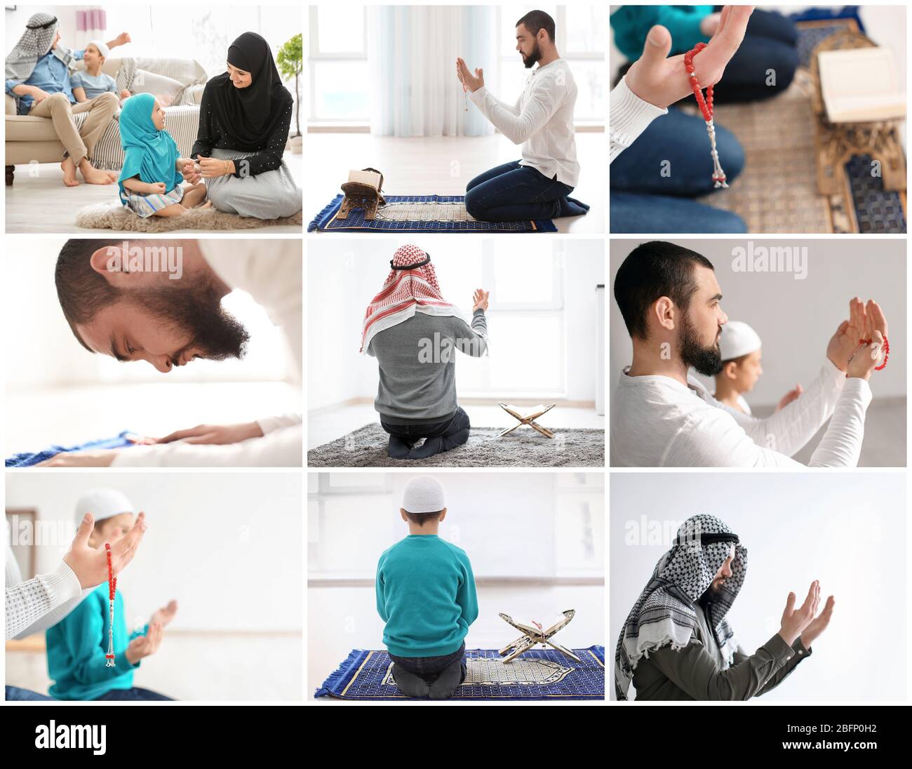 Set con persone musulmane che pregano in interni. Religione islamica Foto Stock