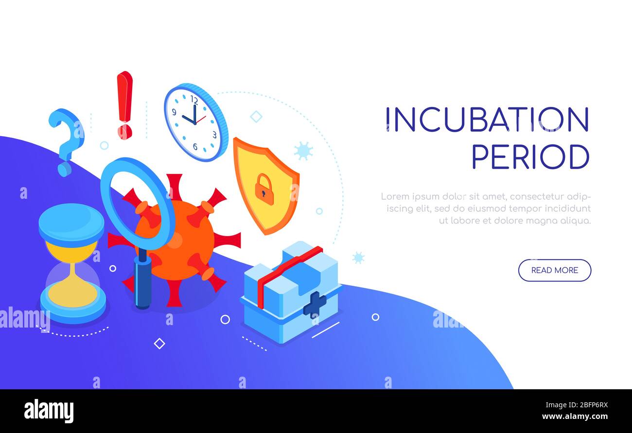 Periodo di incubazione del coronavirus - banner Web isometrico colorato Illustrazione Vettoriale