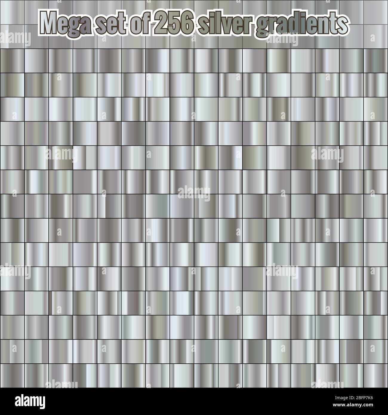 Mega Set composto da collezione 256 gradienti d'argento. Texture metallizzata. Sfondo lucido. EPS 10 Illustrazione Vettoriale