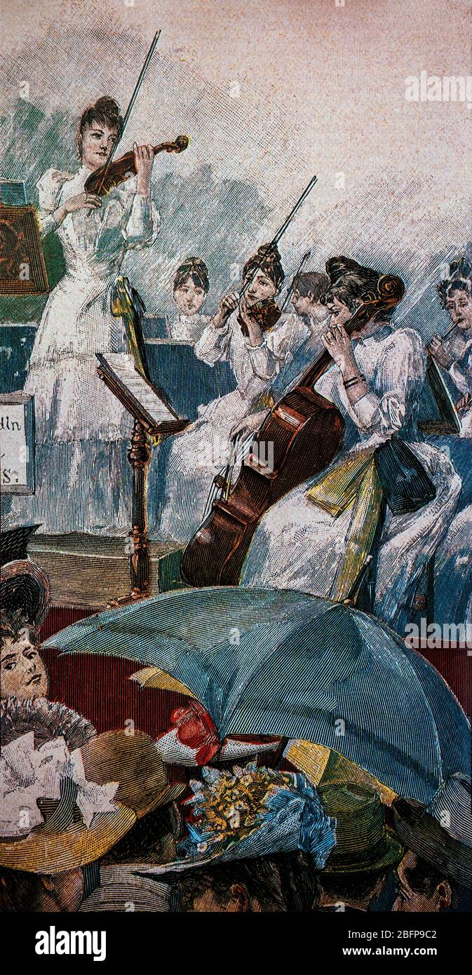 Orchestra femminile del XIX secolo con musica di Strauss, forse dipinta da Georg Friedrich Kersting (1785-1847), pittore tedesco, conosciuto soprattutto per la sua pittura d'interni in stile Biedermeier. Foto Stock